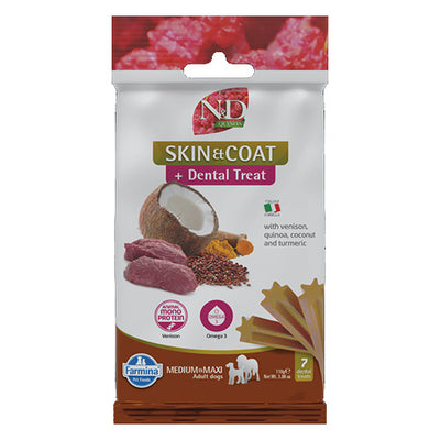 N&D Dog Dental Treat Skin and Coat Adult Medium and Maxi - дентални лакомства за здрава кожа и козина за кучета от средни и едри породи с киноа, еленско, кокос и куркума 100 гр
