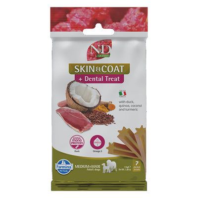 N&D Dog Dental Treat Skin and Coat Adult Medium and Maxi - дентални лакомства за здрава кожа и козина за кучета от средни и едри породи с киноа, патешко, кокос и куркума 100 гр