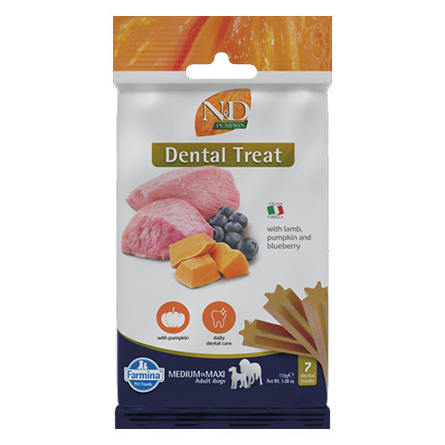 N&D Dog Dental Treat Adult Medium and Maxi - дентални лакомства за кучета от средни и едри породи с тиква, агнешко и боровинки 100 гр