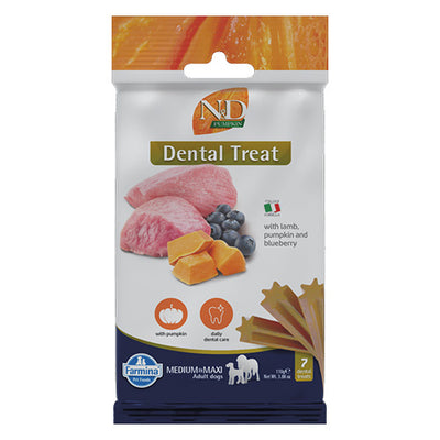 N&D Dog Dental Treat Adult Medium and Maxi - дентални лакомства за кучета от средни и едри породи с тиква, агнешко и боровинки 100 гр