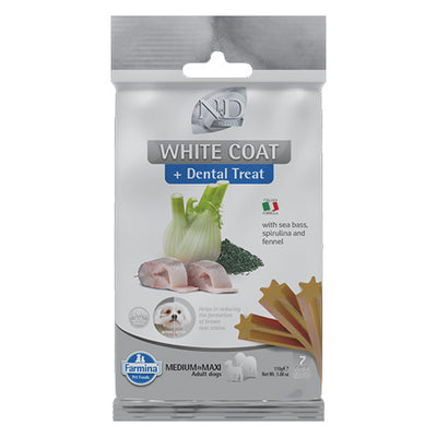 N&D White Dog Dental Treat Adult Medium and Maxi- дентални лакомства за кучета с бяла козина от средни и едри породи с лаврак, фенел и спирулина 100 гр