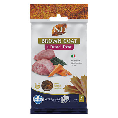 N&D Brown Dog Dental Treat Adult Medium and Maxi- дентални лакомства за кучета с кафява козина от средни и едри породи с агнешко, моркови и спирулина 100 гр