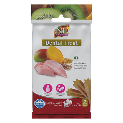N&D Dog Dental Treat Adult Medium and Maxi - дентални лакомства за кучета от средни и едри породи с пилешко, спелта, овес и тропически плодове 100 гр