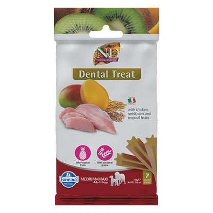 N&D Dog Dental Treat Adult Medium and Maxi - дентални лакомства за кучета от средни и едри породи с пилешко, спелта, овес и тропически плодове 100 гр