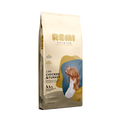 Remi Premium Dog Lite Chicken and Turkey - суха храна за кучета с наднормено тегло от всички породи с пилешко и пуешко месо