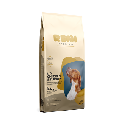 Remi Premium Dog Lite Chicken and Turkey - суха храна за кучета с наднормено тегло от всички породи с пилешко и пуешко месо 12,5 кг