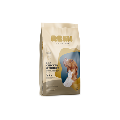 Remi Premium Dog Lite Chicken and Turkey - суха храна за кучета с наднормено тегло от всички породи с пилешко и пуешко месо 12,5 кг
