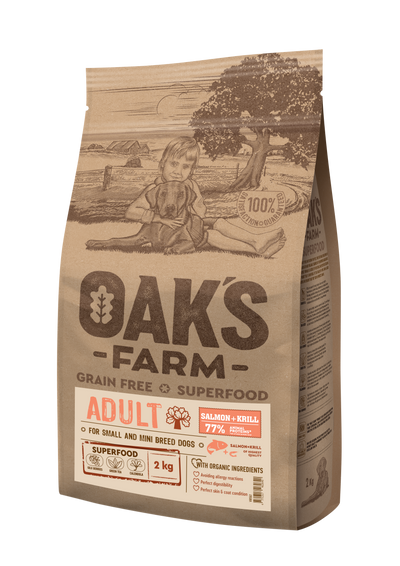 Oaks Farm Adult Salmon with Krill Small and Mini Breeds - суха храна със сьомга и крил за кучета от малки и мини породи