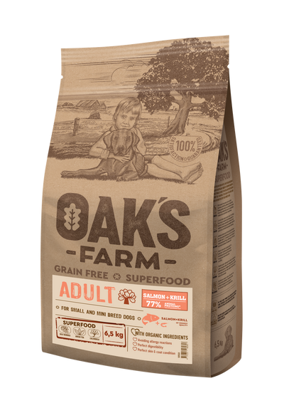 Oaks Farm Adult Salmon with Krill Small and Mini Breeds - суха храна със сьомга и крил за кучета от малки и мини породи