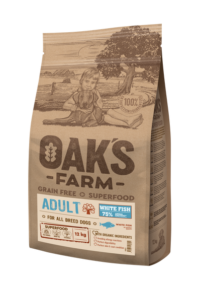 Oaks Farm Adult White Fish All Breeds - суха храна с бяла риба за кучета от всички породи 12 кг