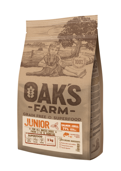 Oaks Farm Junior Salmon and Krill All Breeds - суха храна със сьомга и крил за кученца от всички породи