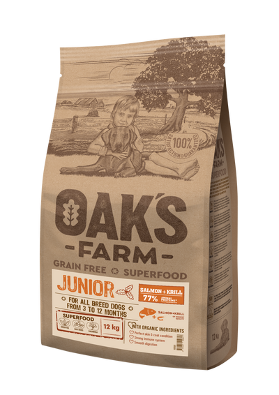 Oaks Farm Junior Salmon and Krill All Breeds - суха храна със сьомга и крил за кученца от всички породи
