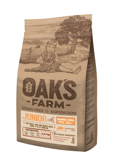 Oaks Farm Junior Salmon and Krill - суха храна със сьомга и крил за кученца от малки и мини породи