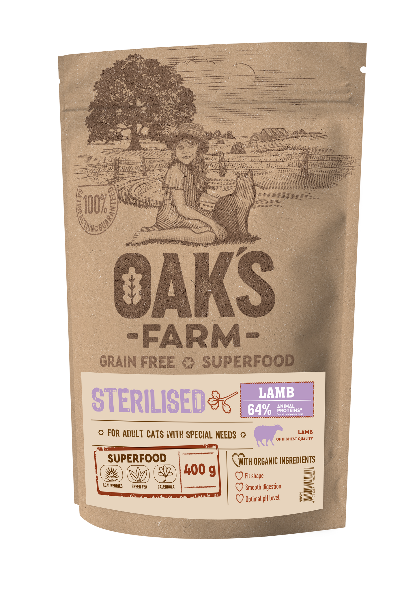 Oaks Farm Grain Free Lamb Sterilized Adult Cat - суха храна за кастрирани котки с агнешко месо