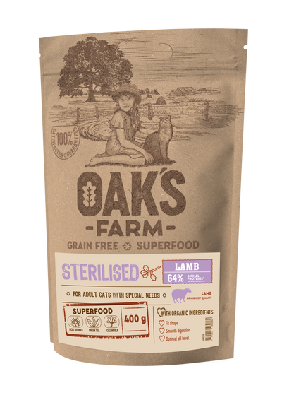 Oaks Farm Grain Free Lamb Sterilized Adult Cat - суха храна за кастрирани котки с агнешко месо