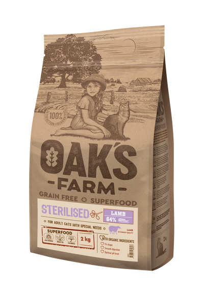 Oaks Farm Grain Free Lamb Sterilized Adult Cat - суха храна за кастрирани котки с агнешко месо