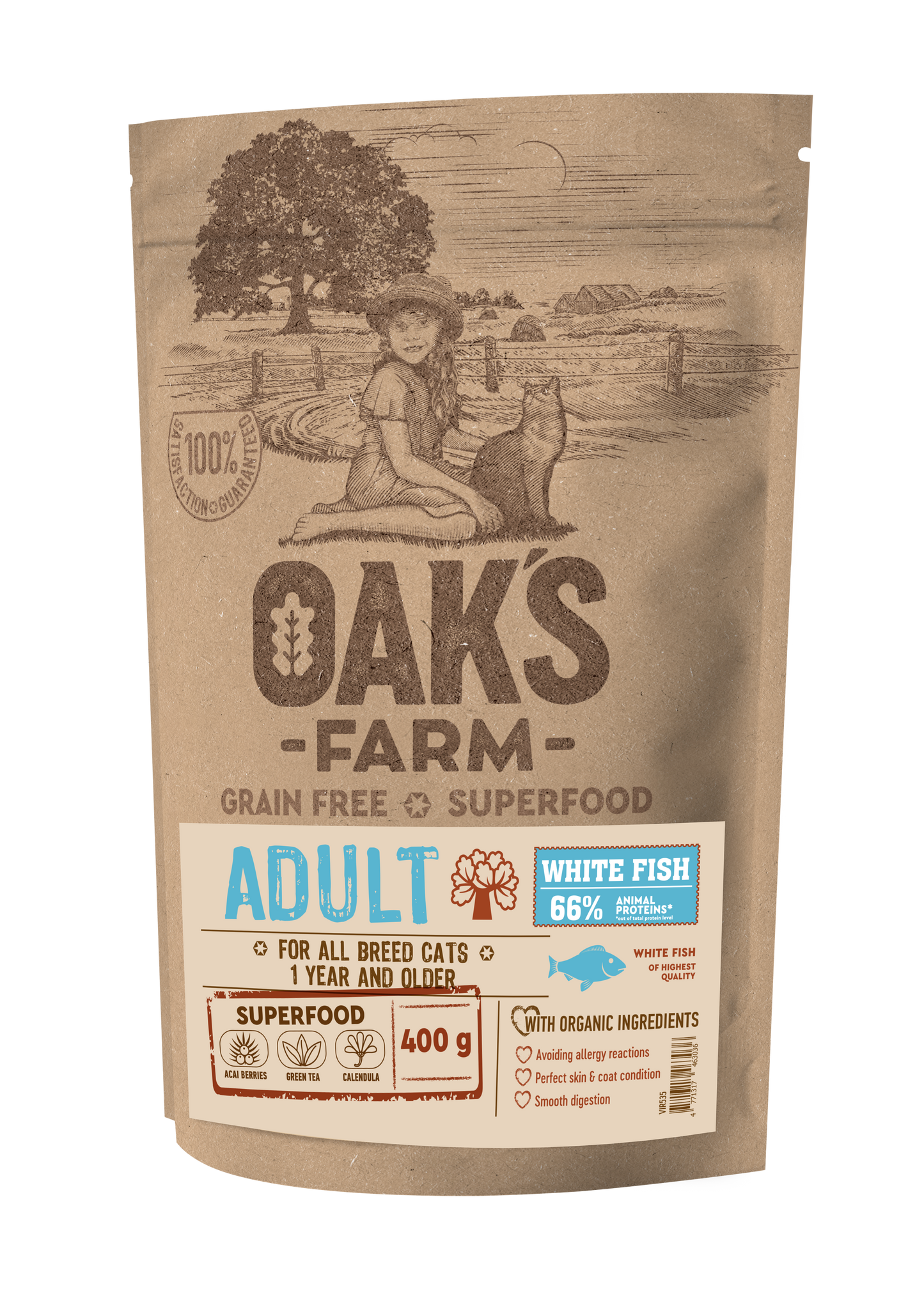 Oaks Farm Grain Free White Fish Adult Cat - суха храна за котки с бяла риба