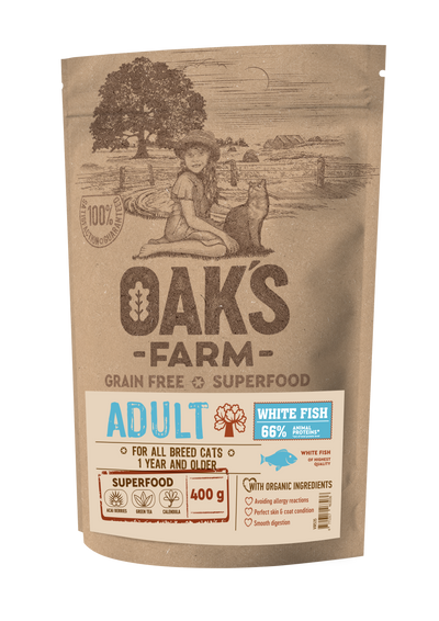 Oaks Farm Grain Free White Fish Adult Cat - суха храна за котки с бяла риба