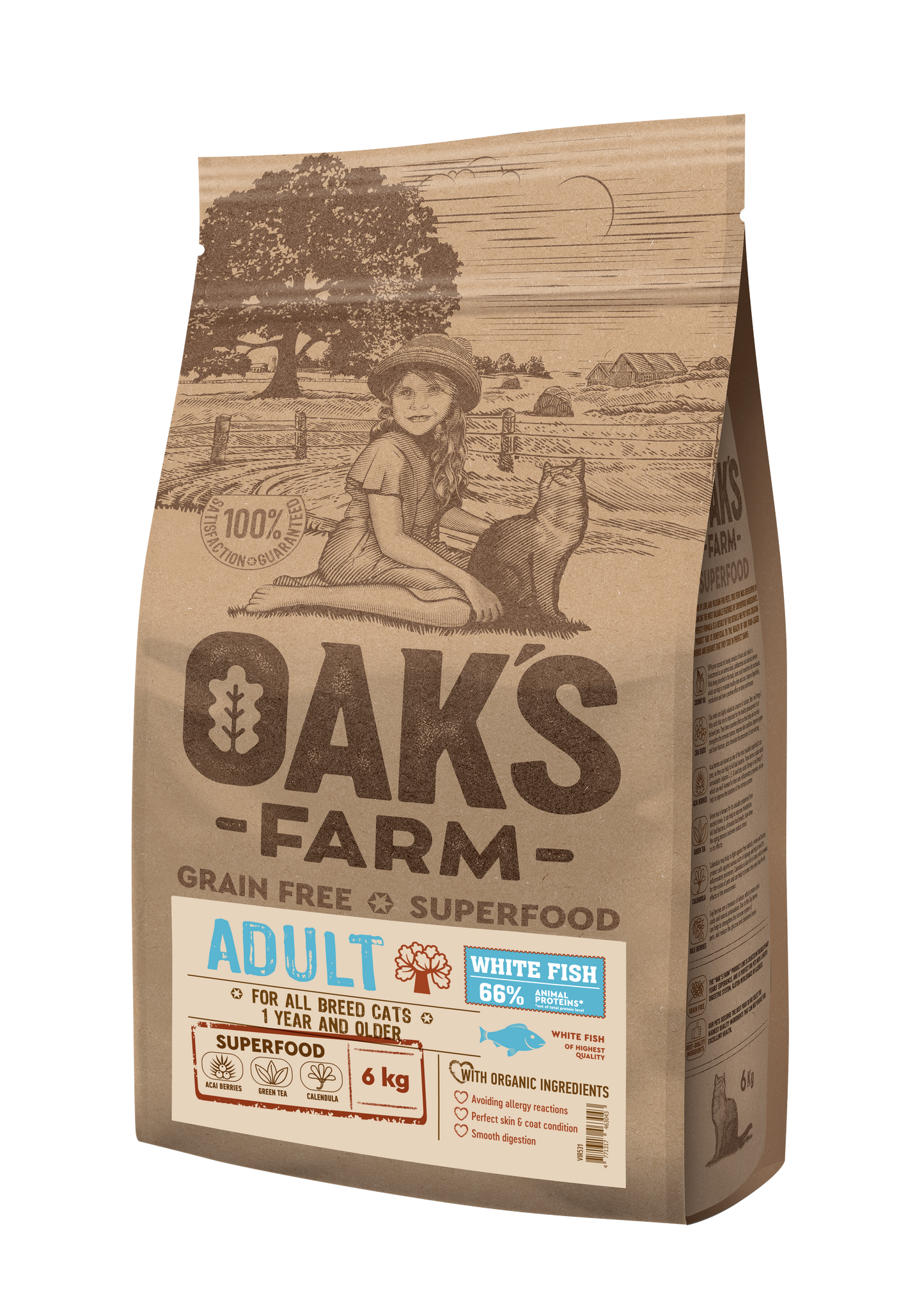 Oaks Farm Grain Free White Fish Adult Cat - суха храна за котки с бяла риба