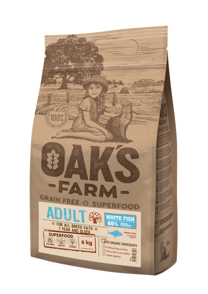 Oaks Farm Grain Free White Fish Adult Cat - суха храна за котки с бяла риба