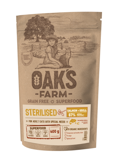 Oaks Farm Salmon with Krill Sterilized Adult Cat - суха храна за кастрирани котки със сьомга и крил