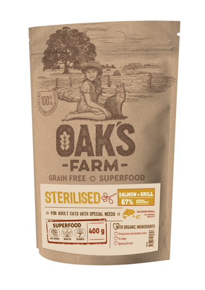 Oaks Farm Salmon with Krill Sterilized Adult Cat - суха храна за кастрирани котки със сьомга и крил