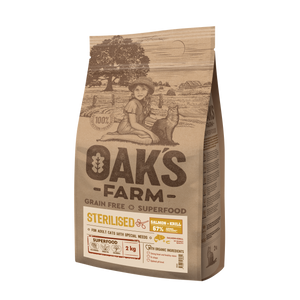Oaks Farm Salmon with Krill Sterilized Adult Cat - суха храна за кастрирани котки със сьомга и крил 2 кг