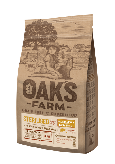 Oaks Farm Salmon with Krill Sterilized Adult Cat - суха храна за кастрирани котки със сьомга и крил