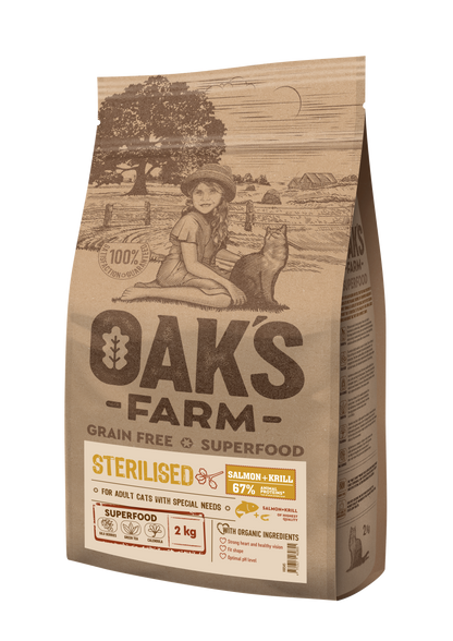 Oaks Farm Salmon with Krill Sterilized Adult Cat - суха храна за кастрирани котки със сьомга и крил