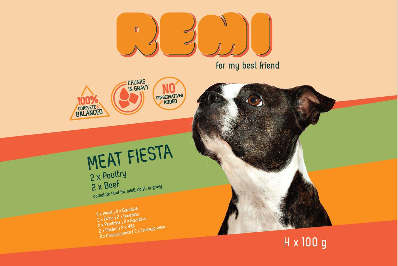 Remi Meat Fiesta Multipack - микс паучове за куче с пилешко и говеждо месо 4 х 100 гр