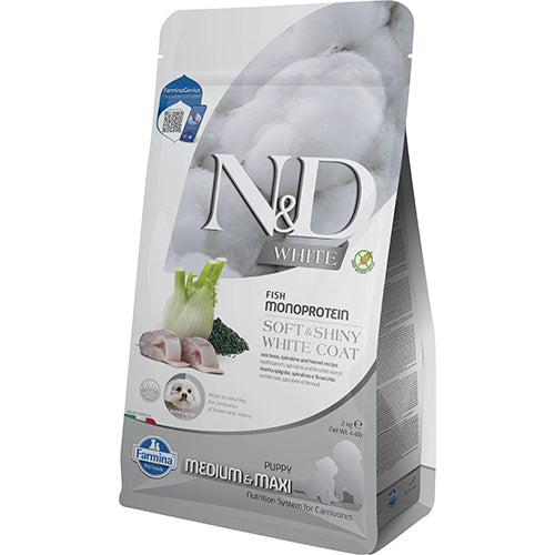N&D White Dog Puppy Medium and Maxi Sea Bass, Spirulina and Fenel - пълноценна храна за кученца от средни и едри породи с лаврак 2 кг