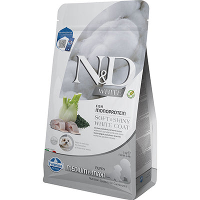 N&D White Dog Puppy Medium and Maxi Sea Bass, Spirulina and Fenel - пълноценна храна за кученца от средни и едри породи с лаврак 2 кг