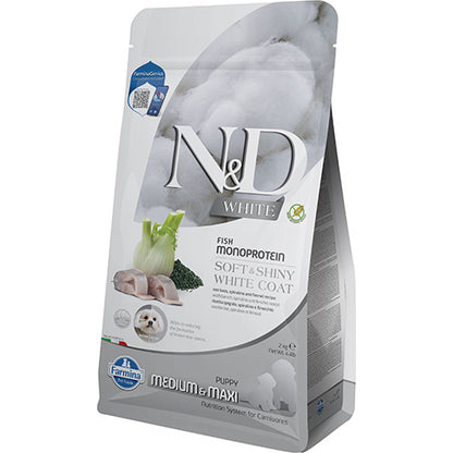 N&D White Dog Puppy Medium and Maxi Sea Bass, Spirulina and Fenel - пълноценна храна за кученца от средни и едри породи с лаврак 2 кг