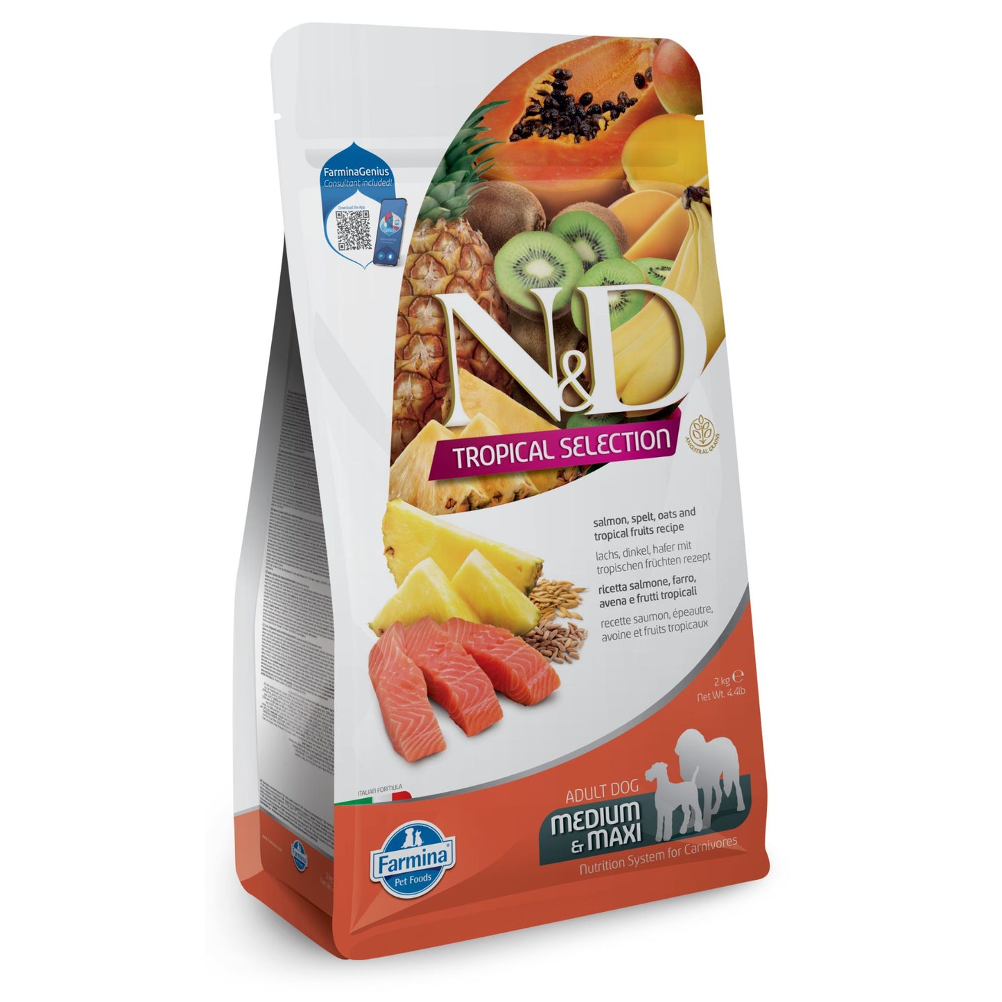 N&D DOG TROPICAL SELECTION SALMON ADULT MED/MAX - суха храна за кучета над 1 година от средните и едри породи, със сьомга, спелта, овес и тропически плодове 10 кг.