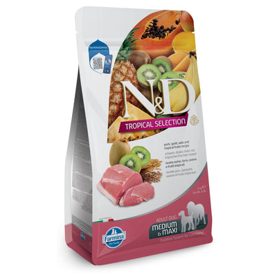 N&D DOG TROPICAL SELECTION PORK ADULT MED/MAX - суха храна за кучета над 1 година от средните и едри породи, със свинско, спелта, овес и тропически плодове 10 кг.