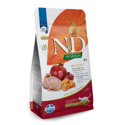 N&D Pumpkin Quail & Pomegranate Adult Neutered – пълноценна храна с тиква за кастрирани котки над една година с пъдпъдък и нар