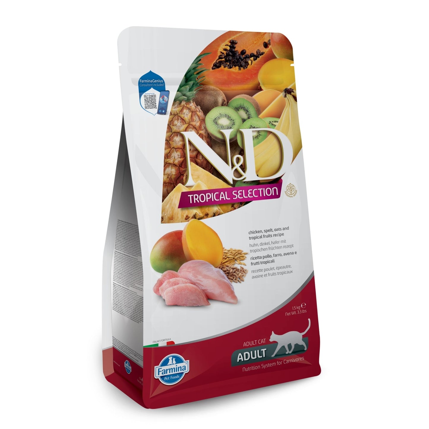 N&D CAT TROPICAL SELECTION CHICKEN - суха храна за котки над 1 година, с пилешко, спелта, овес и тропически плодове 10 кг.