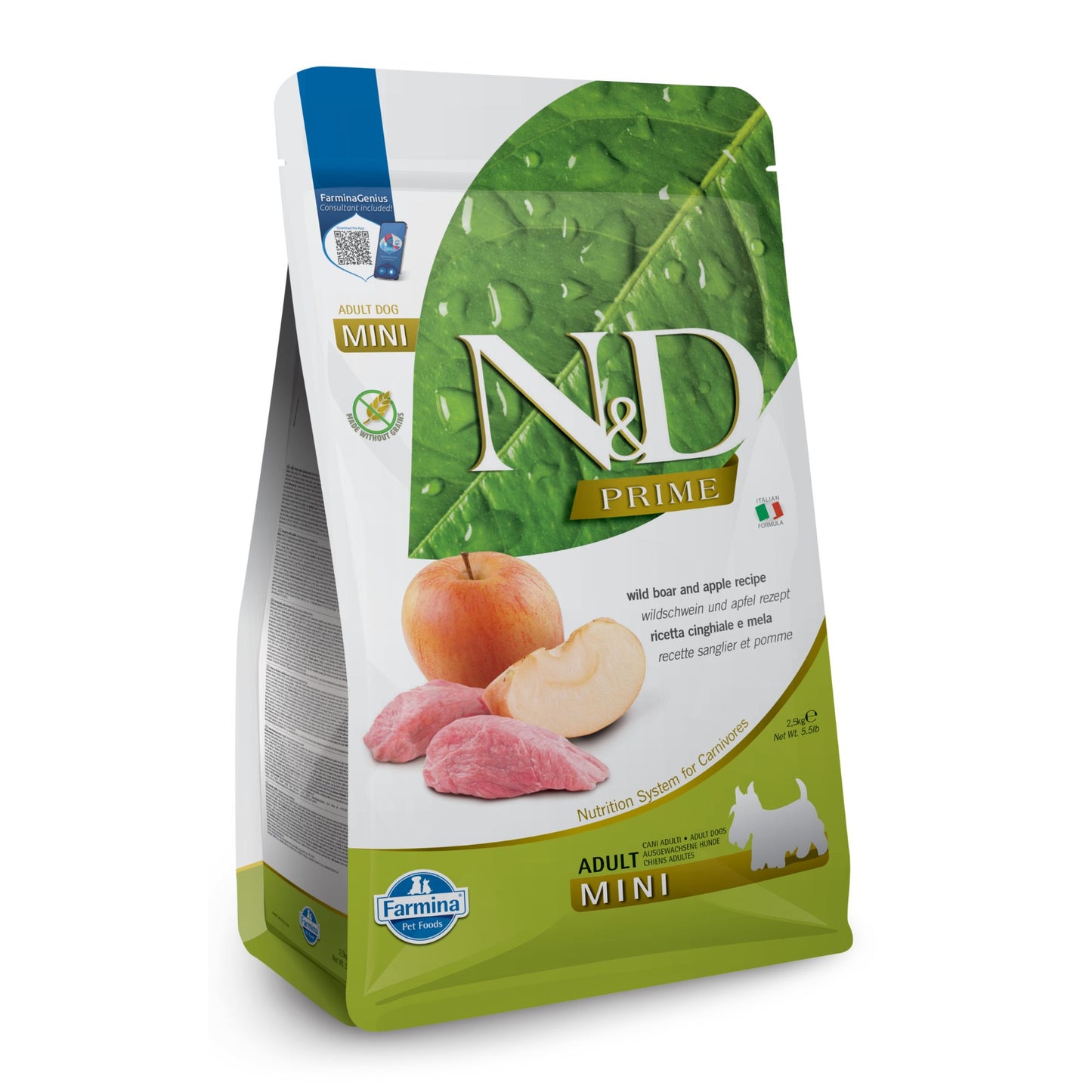 N&D Prime Wild Boar & Apple Adult Mini – суха храна без зърнени култури за кучета в зряла възраст от дребни породи, с глиган и ябълка 2.5 кг.