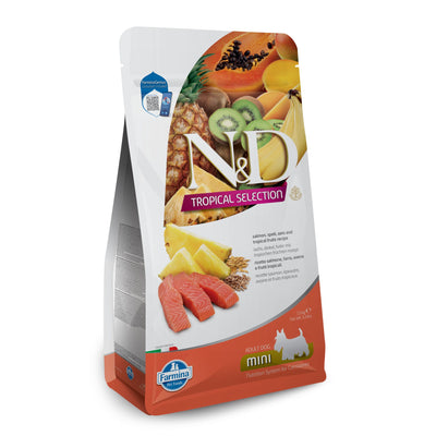 N&D Dog Tropical Selection Salmon Adult Mini - суха храна за кучета над 1 година от дребните породи, със сьомга, спелта, овес и тропически плодове