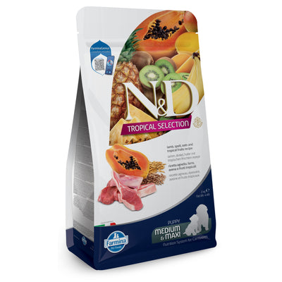N&D Dog Tropical Selection Lamb Puppy  Med/Max  - суха храна за подрастващи кученца и бременни и кърмещи от средните и едри породи, с агнешко, спелта, овес и тропически плодове