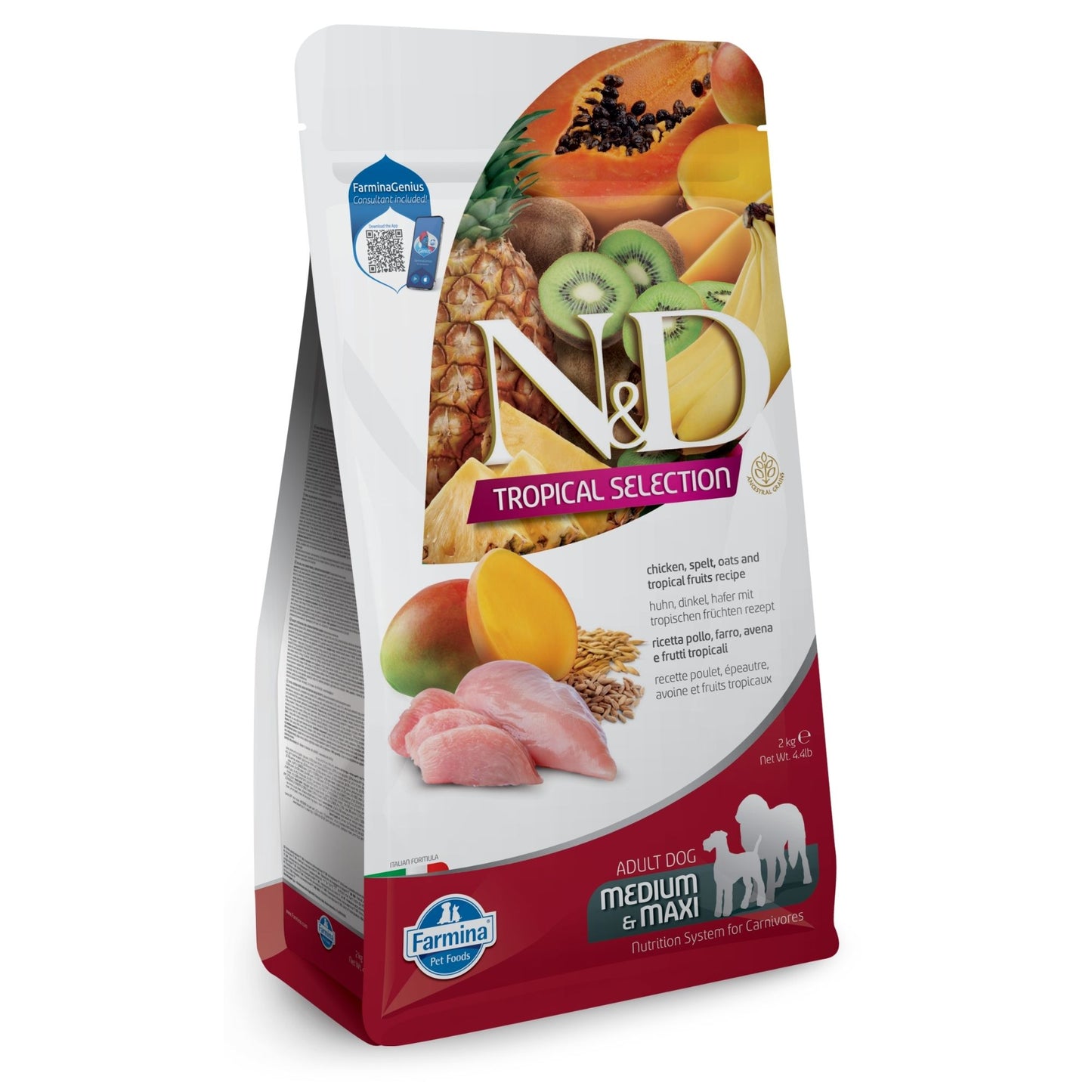 N&D Dog Tropical Selection Chicken Adult  Med/Max - суха храна за кучета над 1 година от средните и едри породи, с пилешко, спелта, овес и тропически плодове