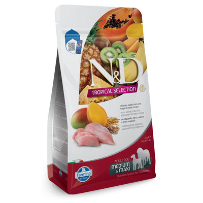 N&D Dog Tropical Selection Chicken Adult  Med/Max - суха храна за кучета над 1 година от средните и едри породи, с пилешко, спелта, овес и тропически плодове