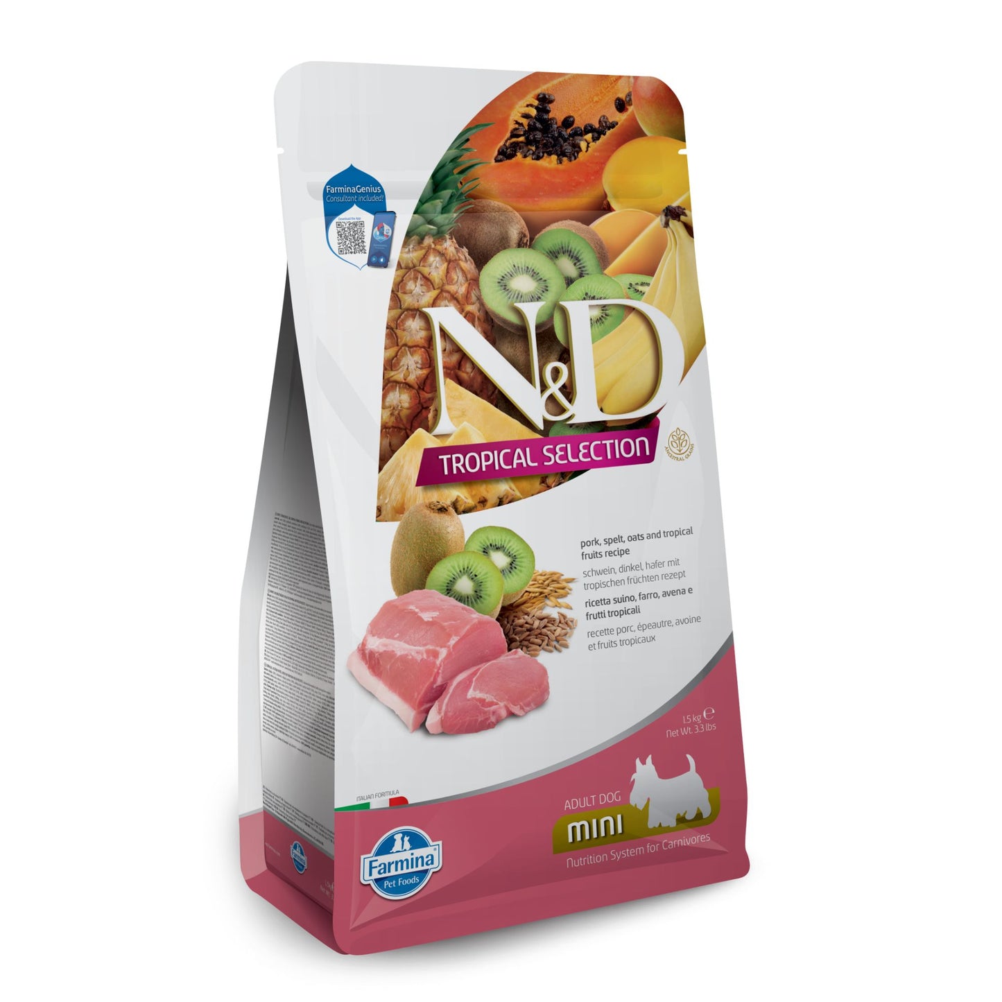 N&D DOG TROPICAL SELECTION PORK ADULT MINI - за кучета над 1 година от дребните породи, със свинско, спелта, овес и тропически плодове 5 кг.