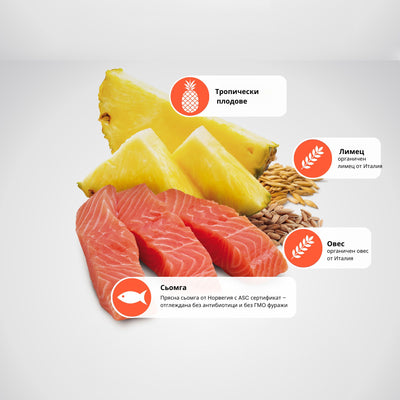N&D Dog Tropical Selection Salmon Adult Mini - суха храна за кучета над 1 година от дребните породи, със сьомга, спелта, овес и тропически плодове