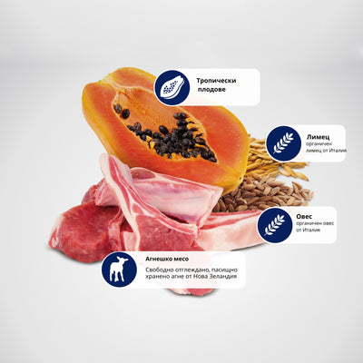 N&D DOG TROPICAL SELECTION LAMB PUPPY MINI - суха храна за подрастващи кученца и бременни и кърмещи от дребните породи, с агнешко, спелта, овес и тропически плодове 5 кг.