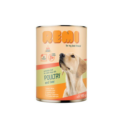 Remi Dog Chunks in Gravy with Poultry and Liver - пълноценна храна за кучета, парченца в сос с пилешко месо и черен дроб 415 гр