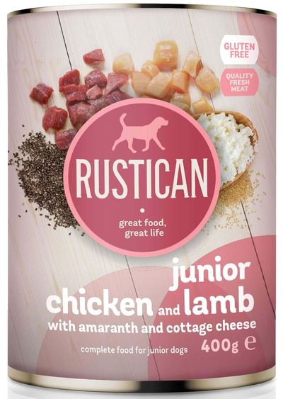 Rustican Junior Chicken and Lamb with Amaranth - консерва за кучета с пилешко, агнешко, тиквички и картофи 400 гр