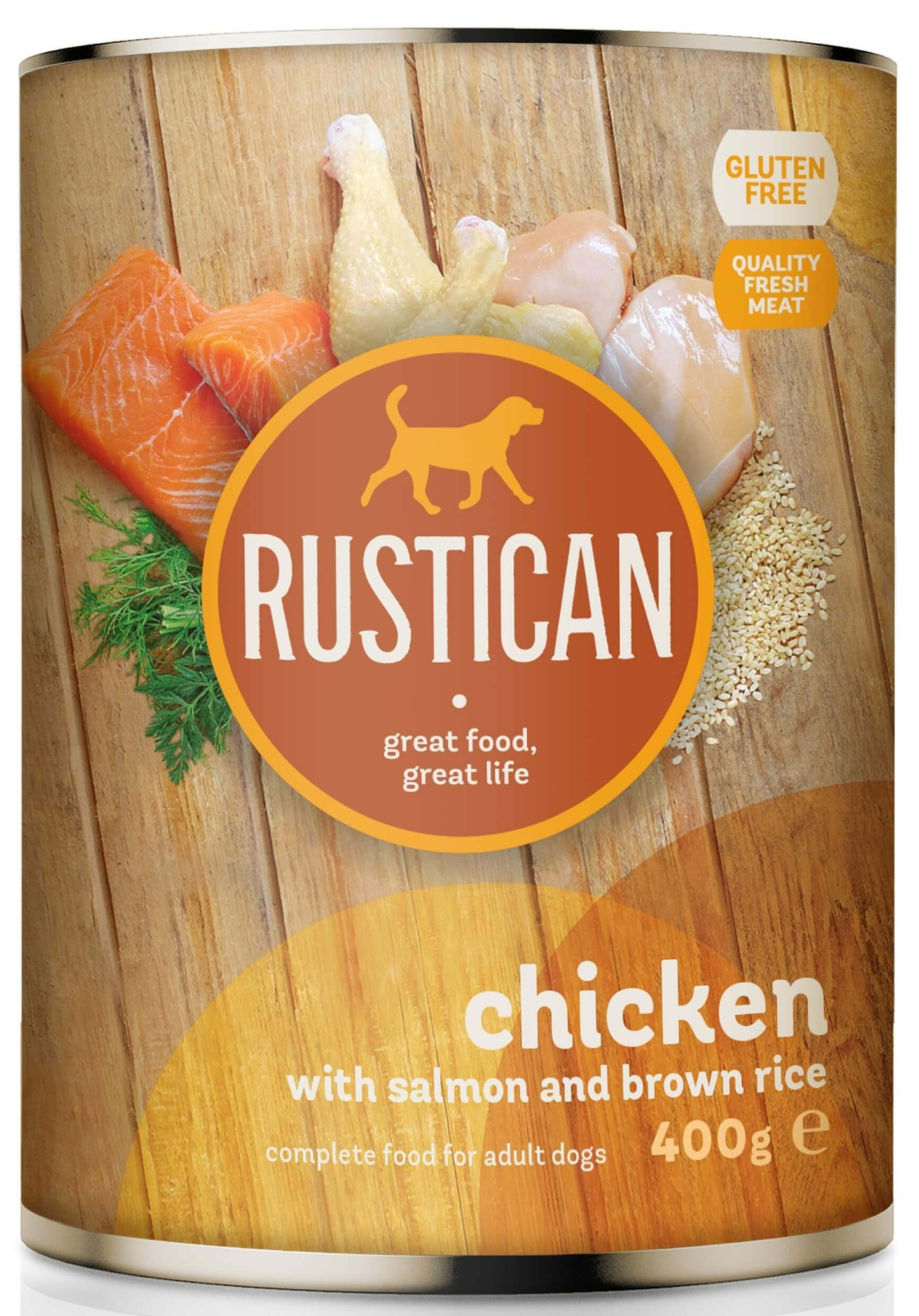 Rustican Chicken with Salmon & Brown Rice - консерва за кучета с пилешко, сьомга и кафяв ориз 800 гр