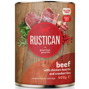 Rustican Beef with Chicken Hearts and Cranberry - консерва за кучета с говеждо, пилешки сърчица и червени боровинки
