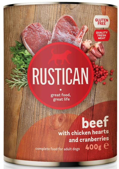 Rustican Beef with Chicken Hearts and Cranberry - консерва за кучета с говеждо, пилешки сърчица и червени боровинки